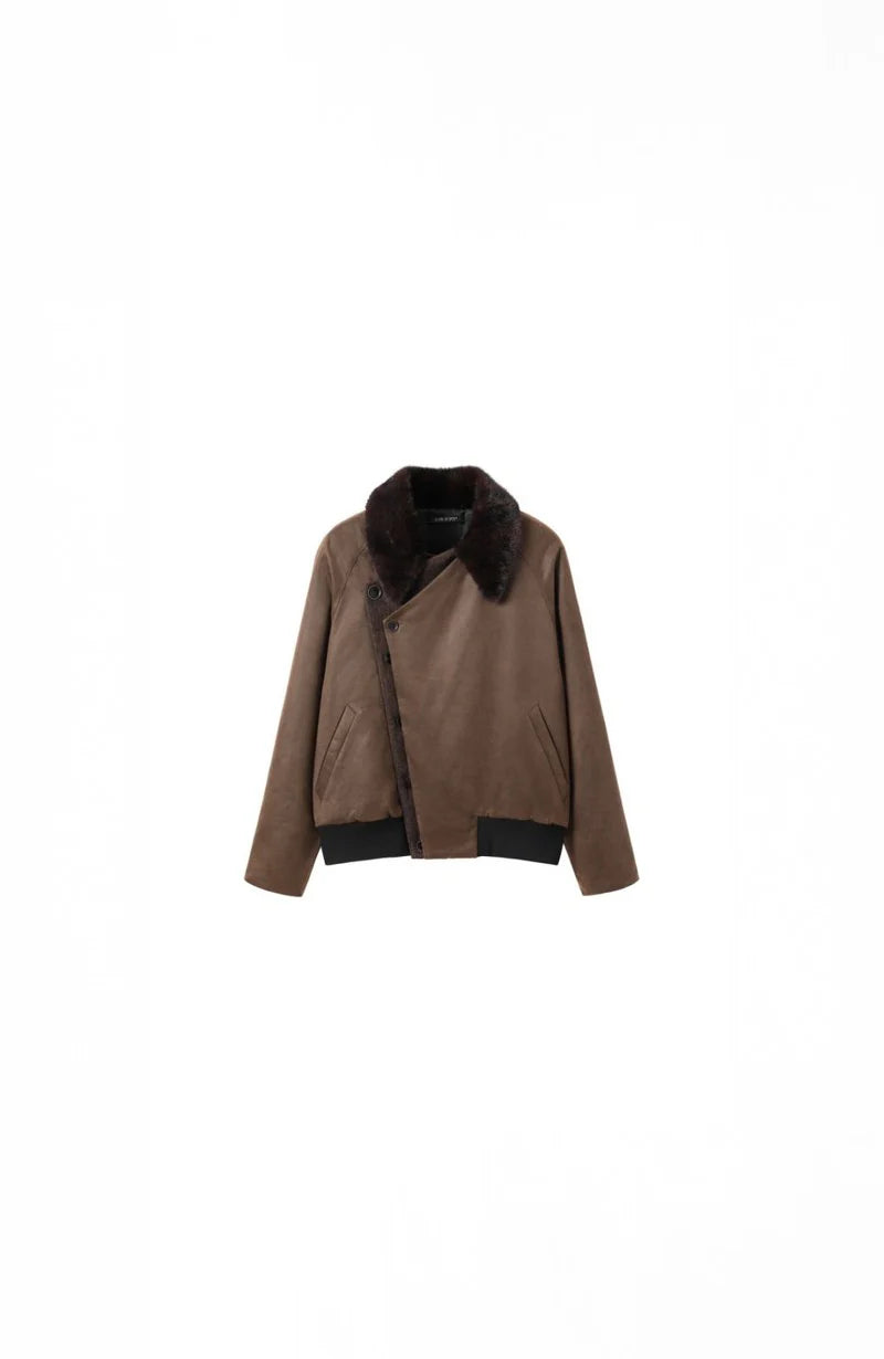 ALVNG AR ANTS Asymmetrical Placket Faux Fur Collar Jacket