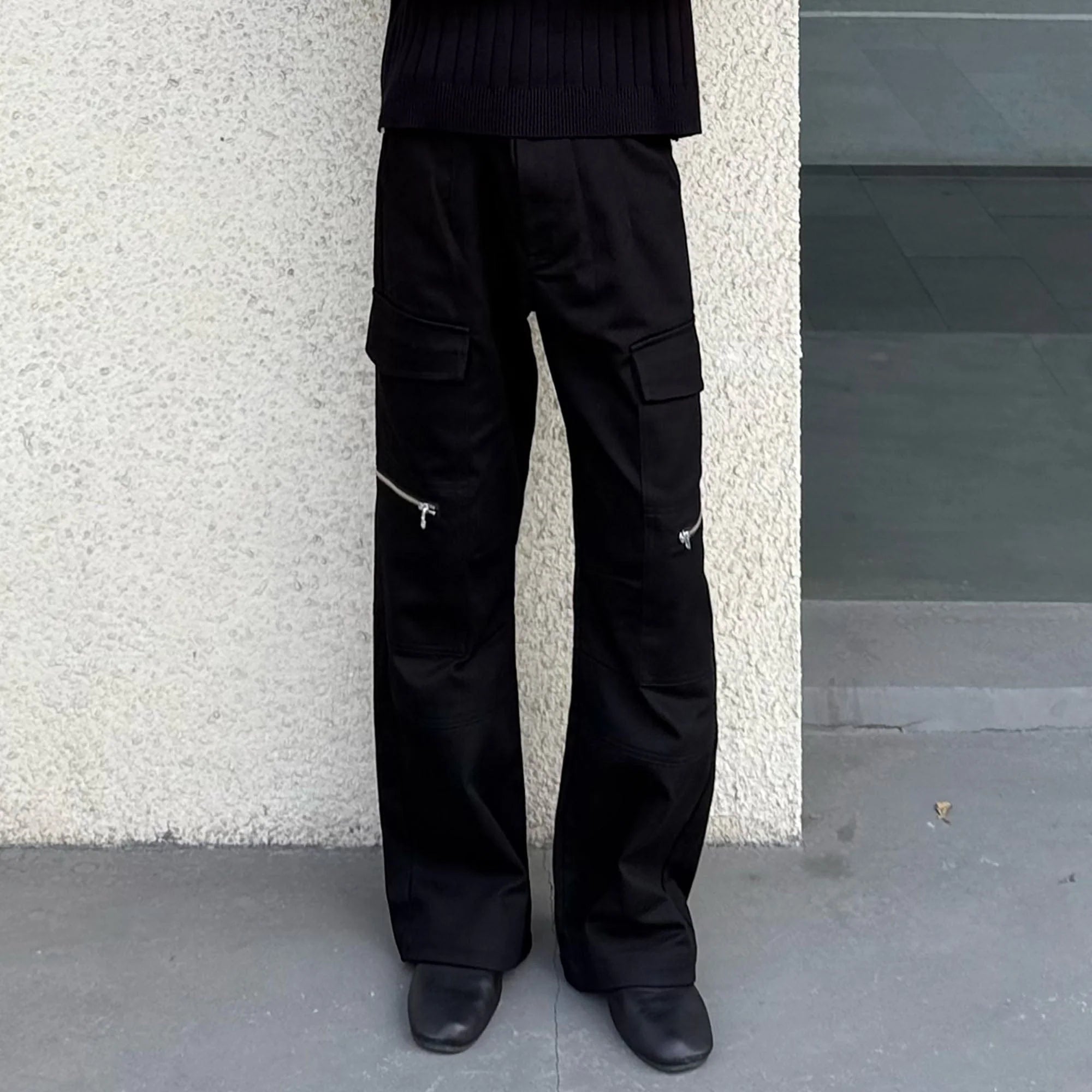OKAYTHXBYE Muted Marble Multi-Pocket Panel Flared Cargo Pants