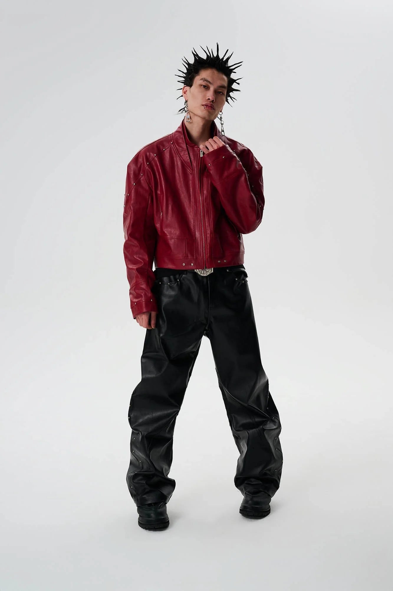 SAVAGEGROWTHWORLD Snake Bone Embroidered Rivet Cropped PU Jacket