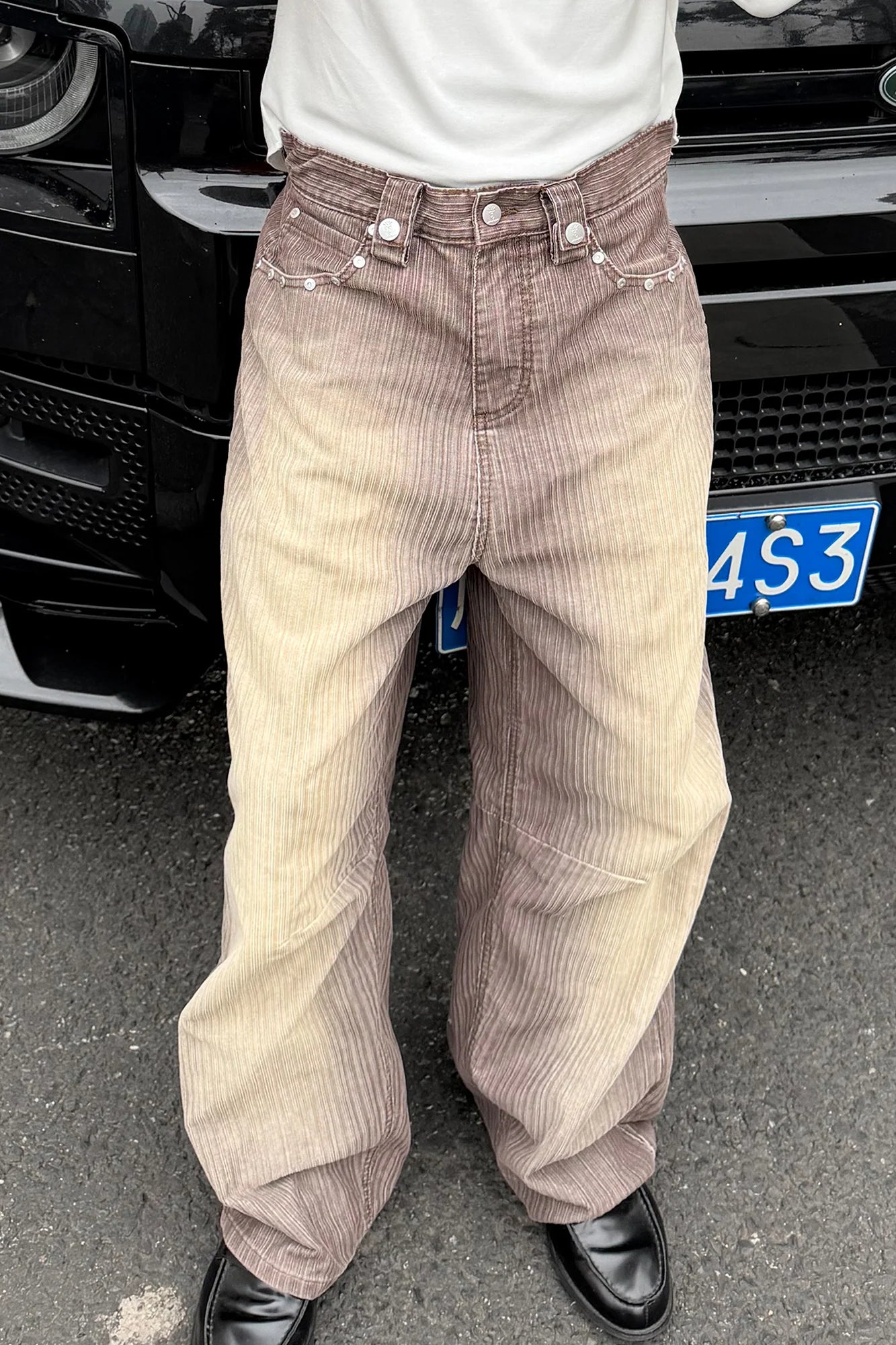 STEEPC Washed Striped Corduroy Studded Wide-Leg Pants