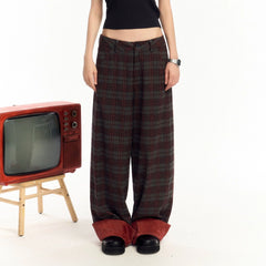 OIPWORD Plaid Fold-Hem Trousers