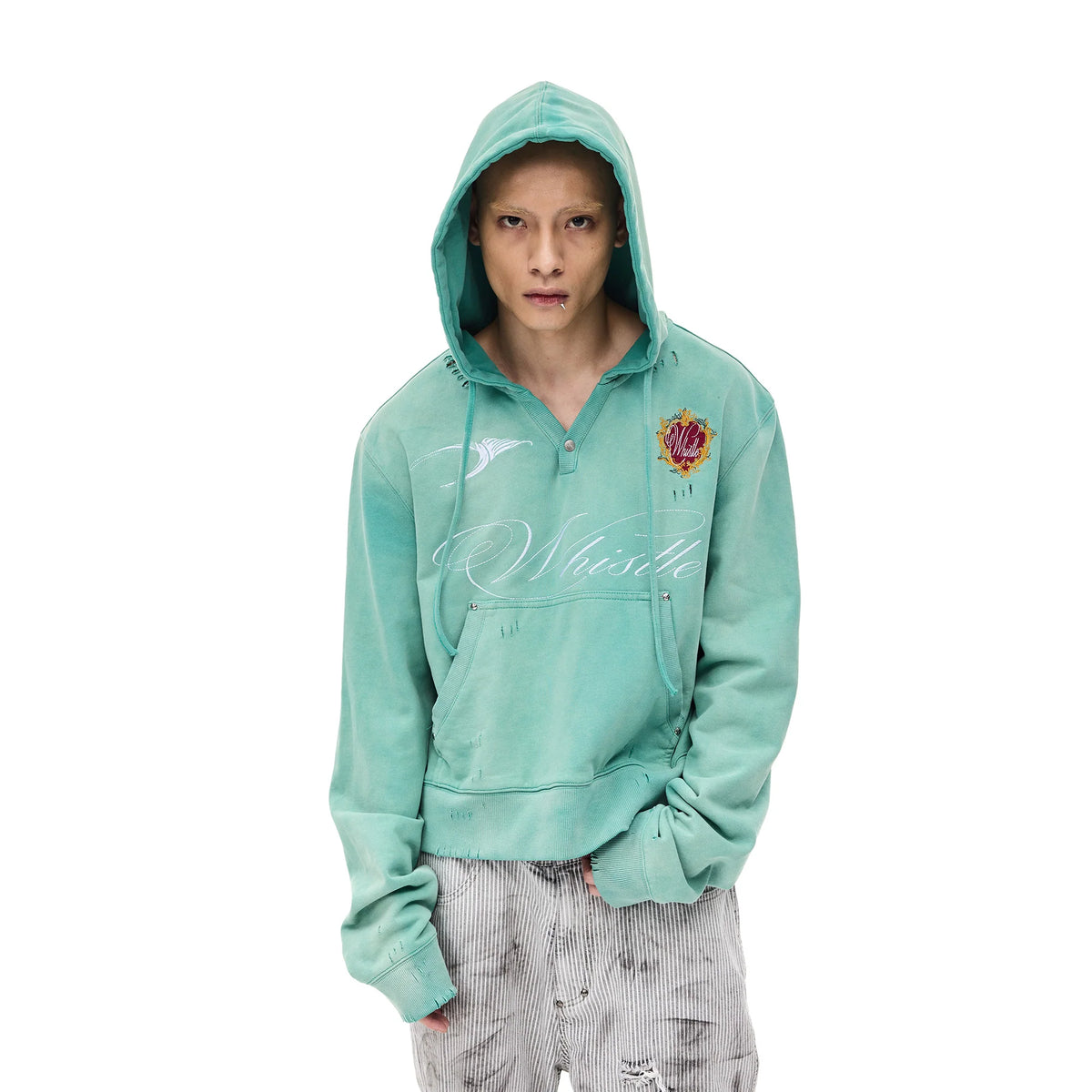 WHISTLEHUNTER Distressed Embroidered V-Neck Hoodie