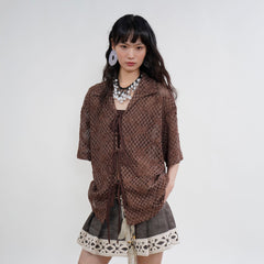 ORAL UTOPIA Crochet Tie-Front Sheer Cuban Half Shirt