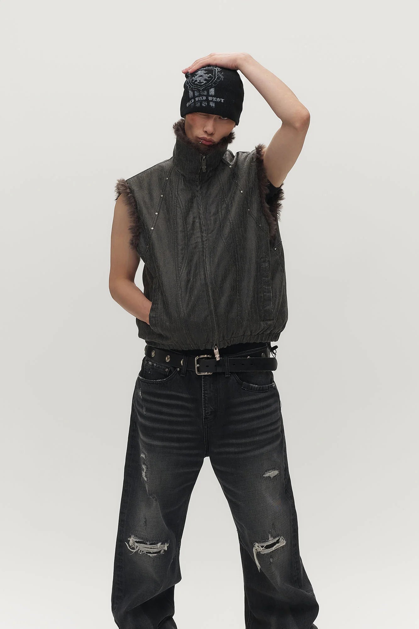 SAVAGEGROWTHWORLD Washed Faux Fur Lining Studded Vest