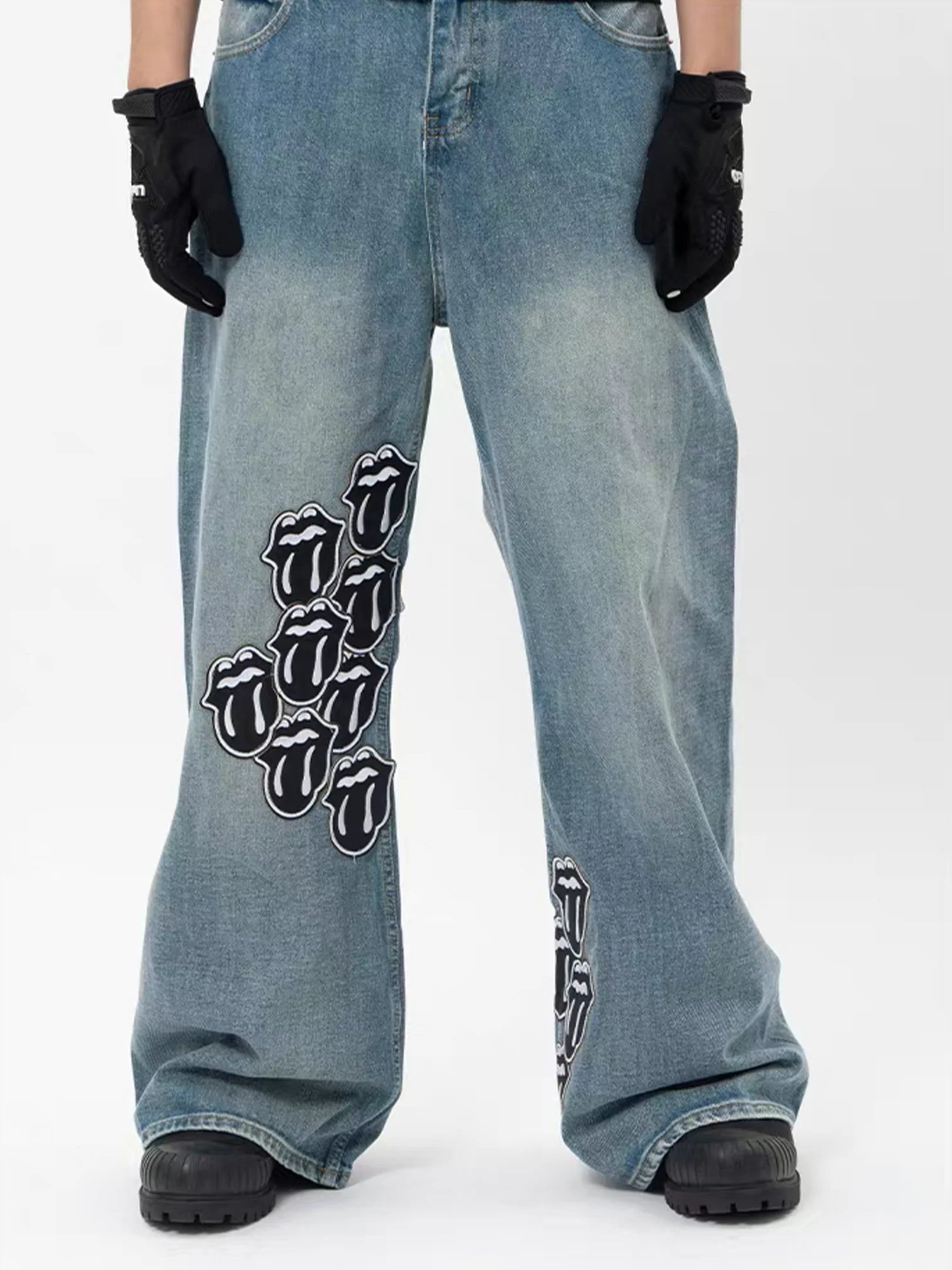 NOTHINGNESS WORLD Washed Tongue Embroidered Denim Pants