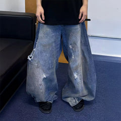 TRIANGLE PROJECT Distressed Dirty-Washed Oversized Jeans