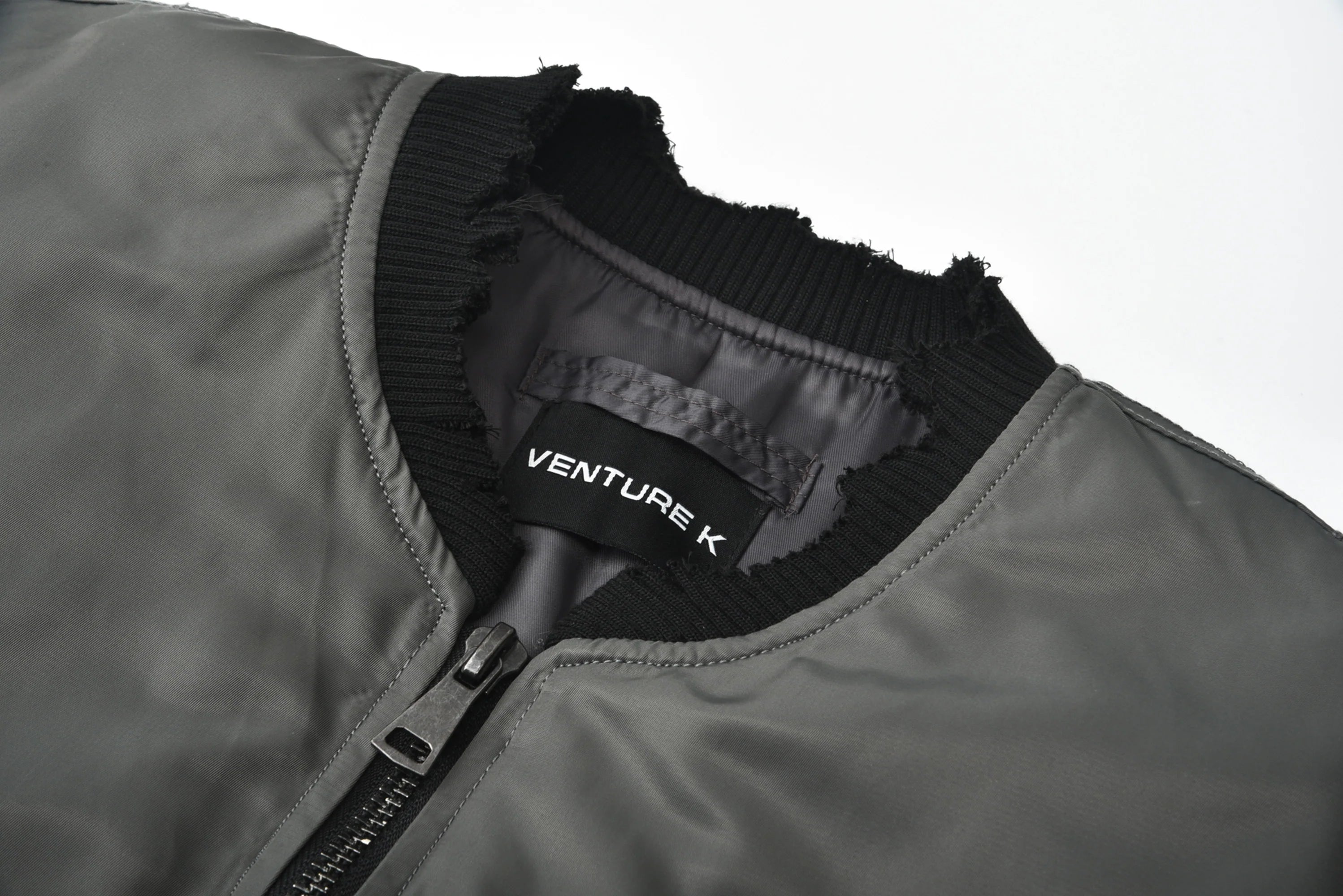 VENTUREK Retro Zipper-Spliced Raw Edge Bomber Jacket
