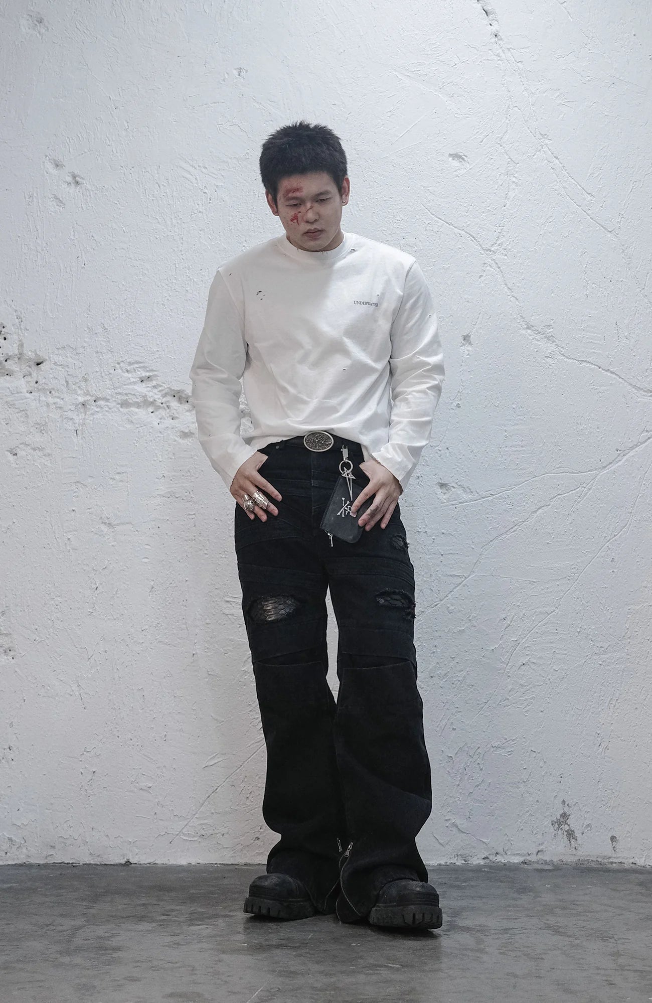 UNDERWATER Demon Slashed Cotton Long Sleeve Tee White