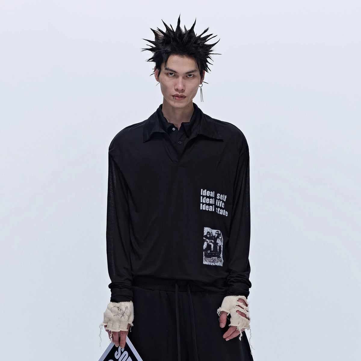 SAVAGEGROWTHWORLD Layered-Collar Slogan Polo Long-Sleeve T-Shirt