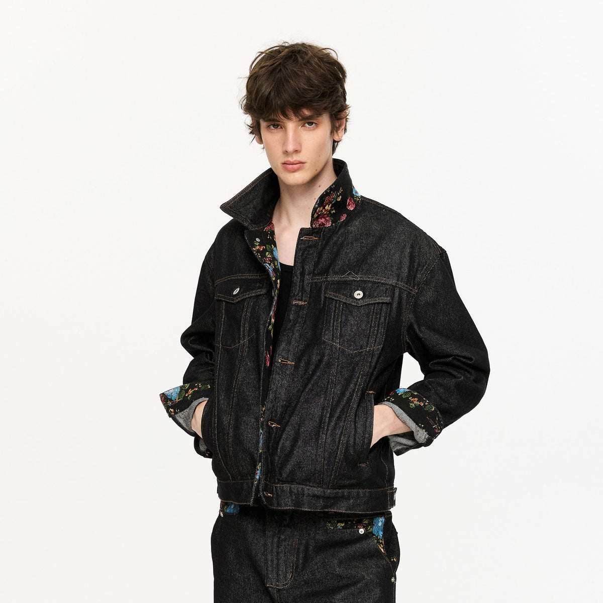 KREATE Floral Lined Stitched Denim Jacket