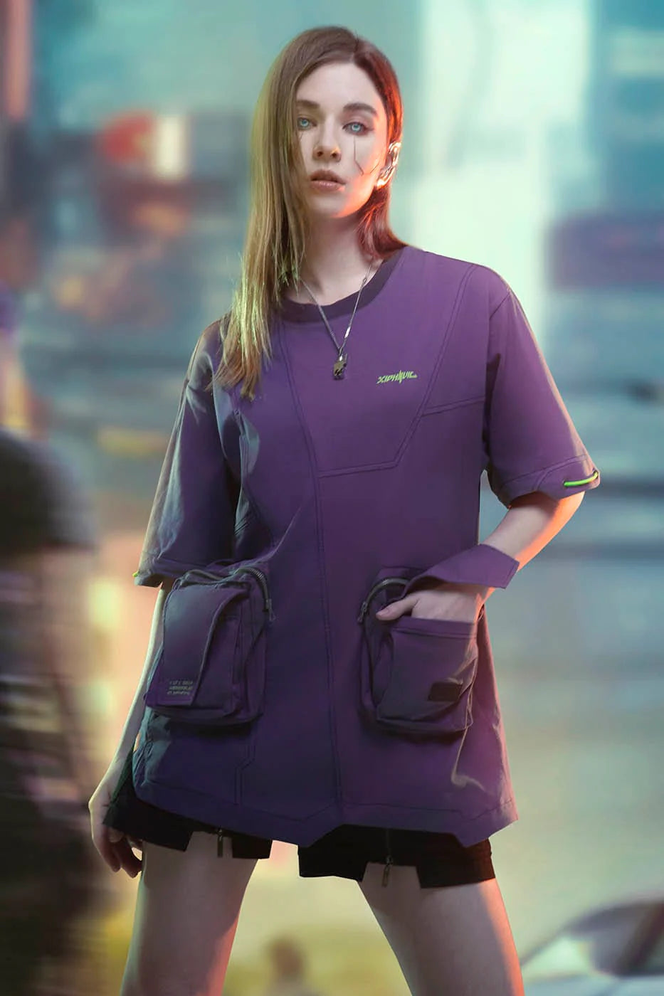 XIPHEVIL Asymmetrical Spliced Double-Pocket T-Shirt