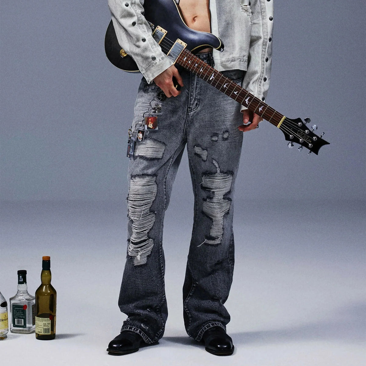 TECNINEGROUP Distressed Ash-Washed Flared Jeans