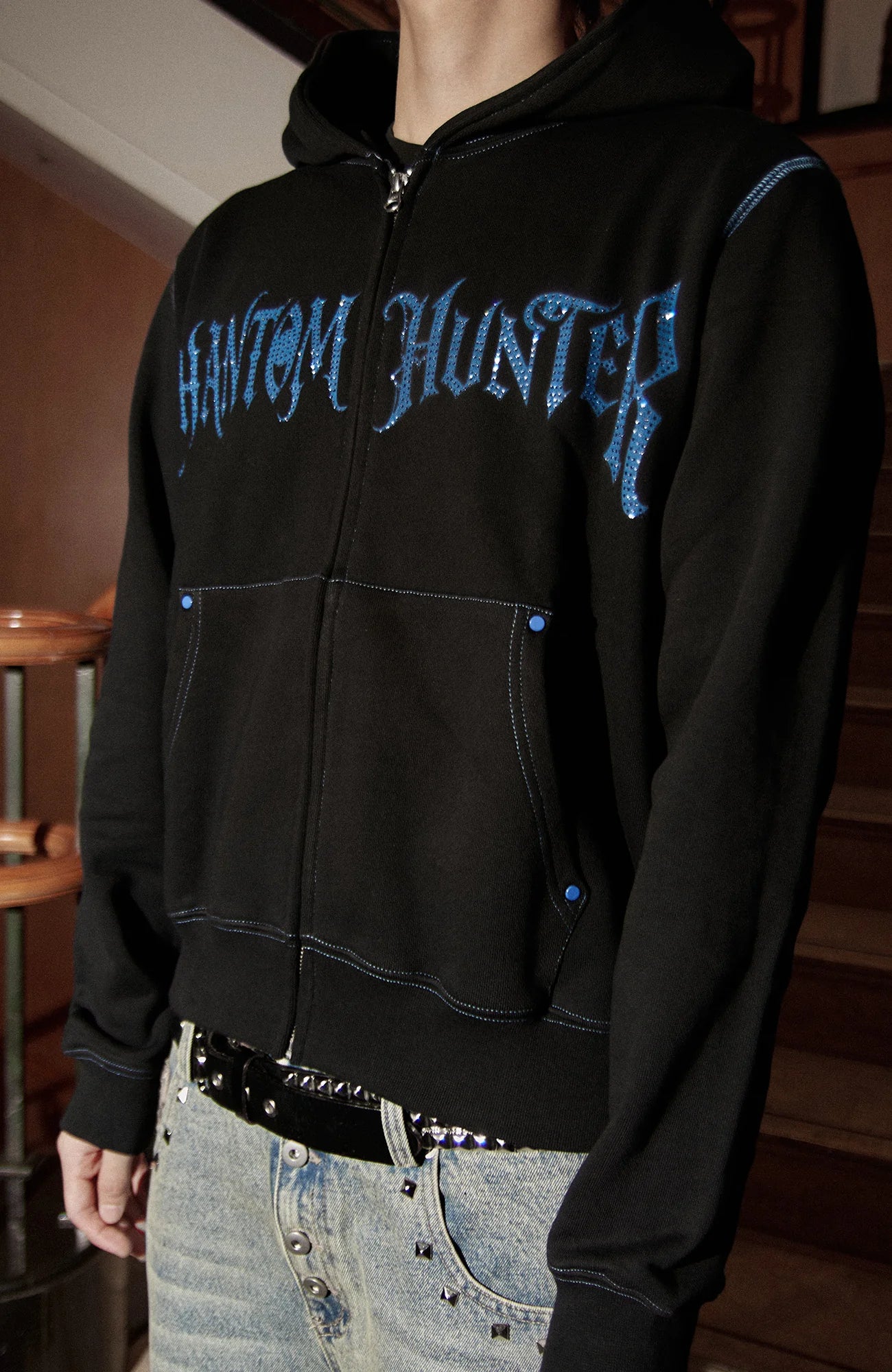 PHANTOMHUNTER Diamond Graphic Cropped Zip Hoodie