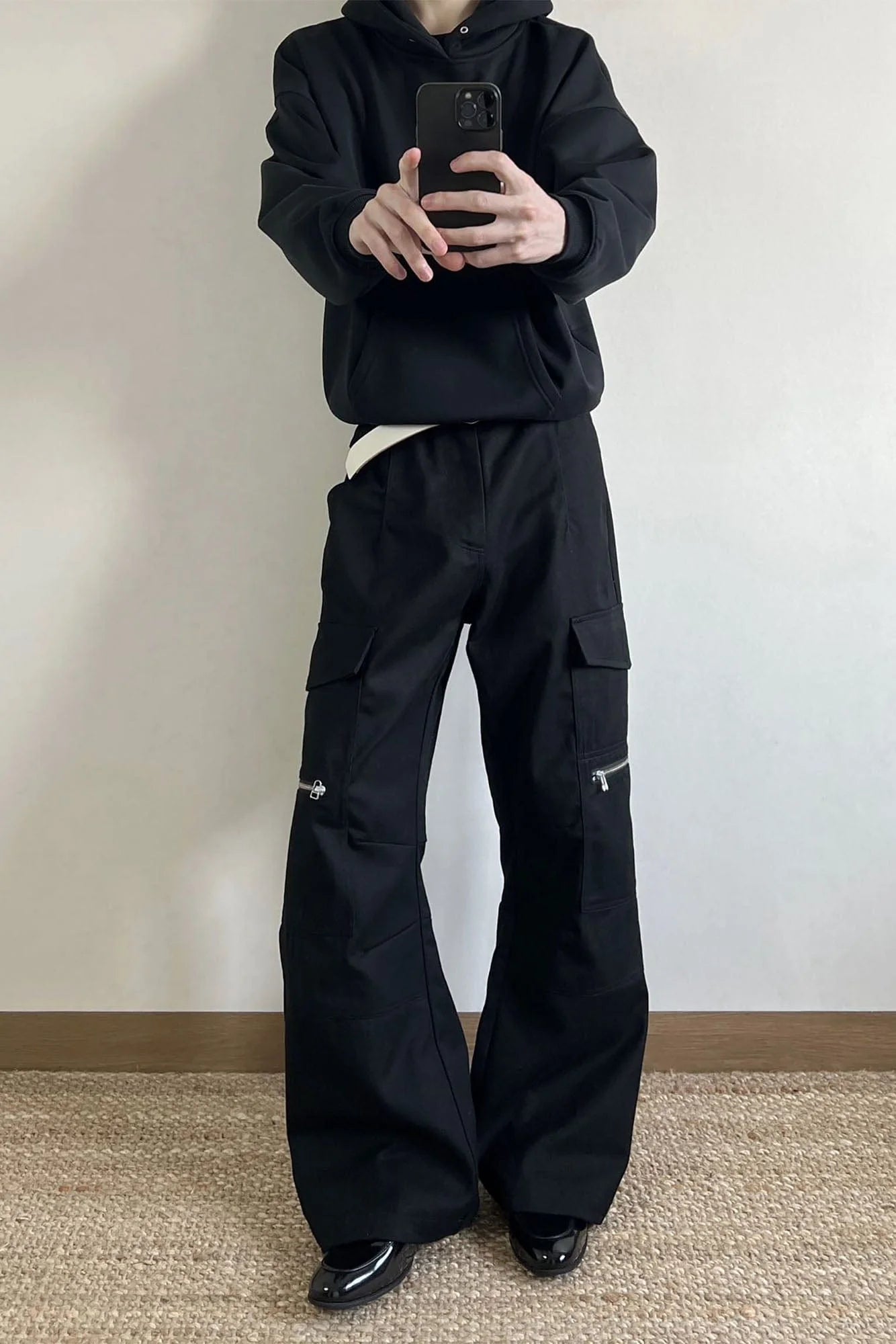 OKAYTHXBYE Muted Marble Multi-Pocket Panel Flared Cargo Pants