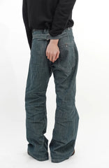 IN EXISTENCE Stitched Back-Belt Curved-Leg Jeans