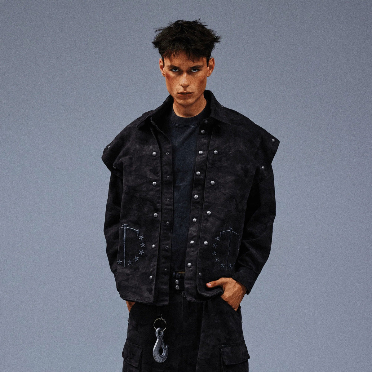 TECNINEGROUP Detachable Hood Star-Rivet Camo Jacket