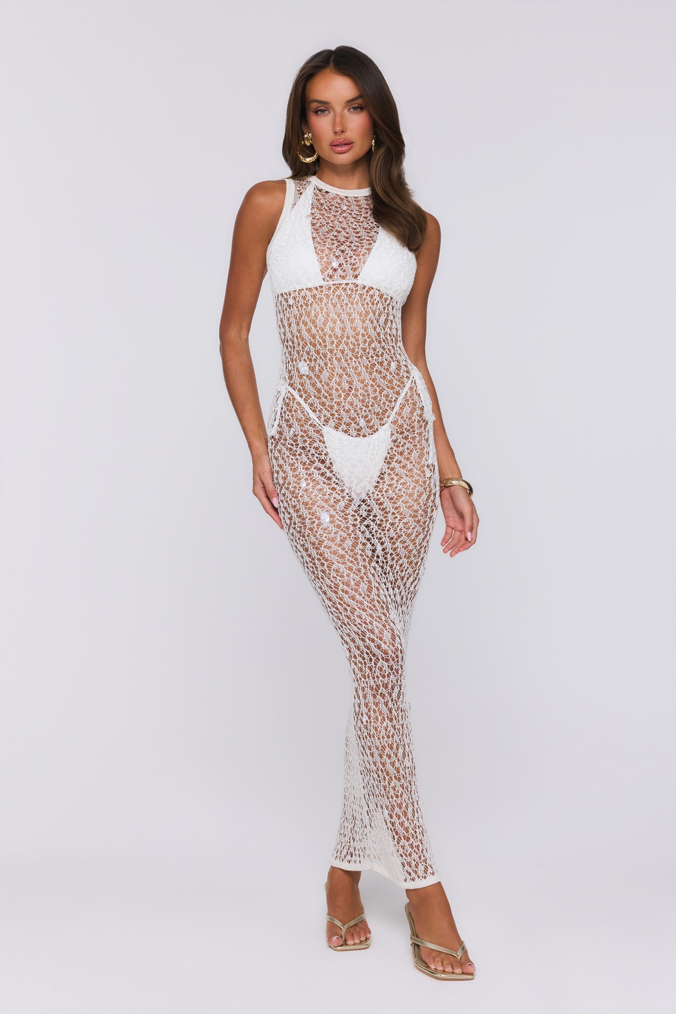 Main Event Ready Crochet Pearl Sheer Maxi Dress Cream