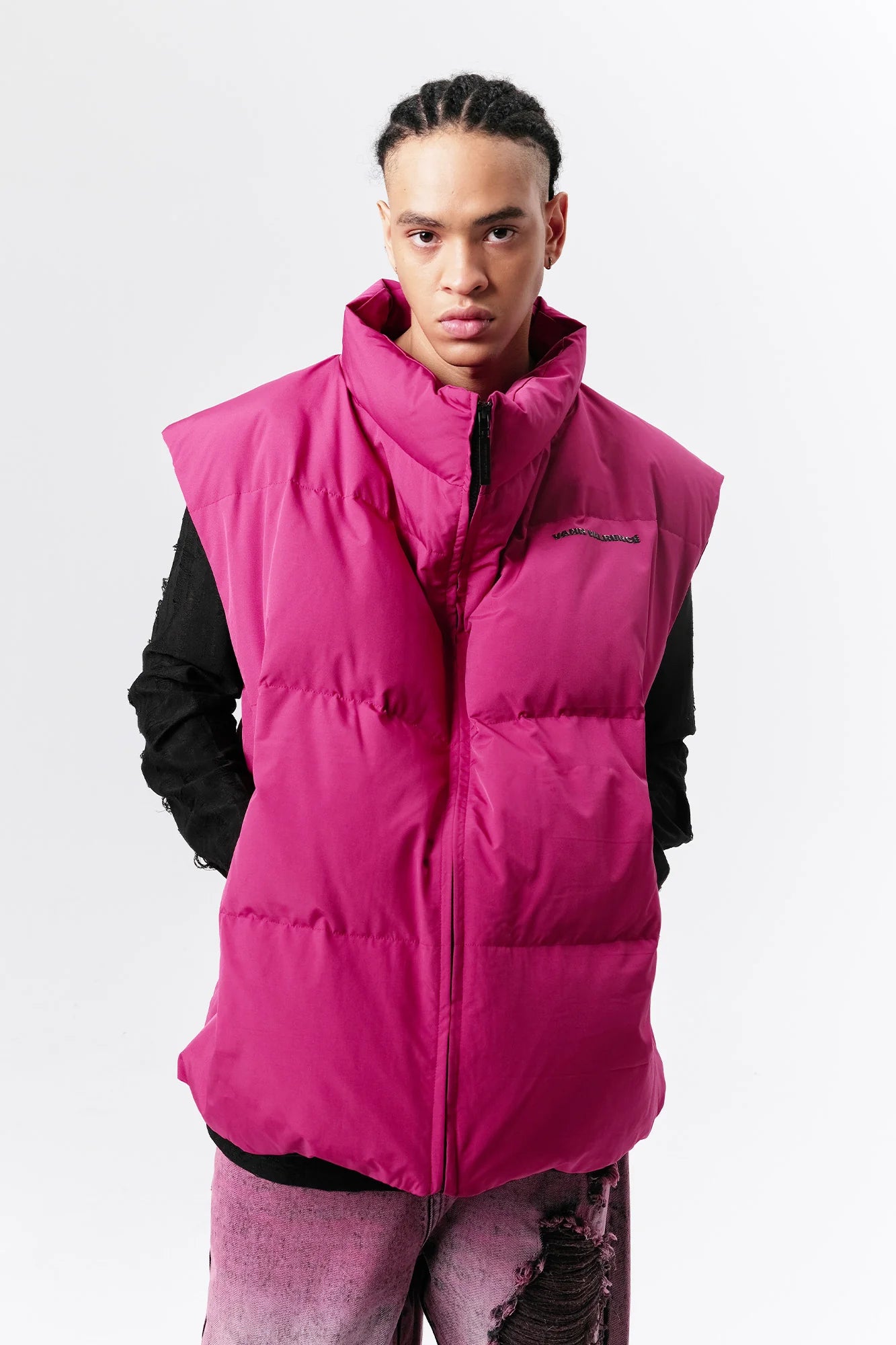 VANN VALRENCE High-Neck Oversized Down Vest Hot Pink