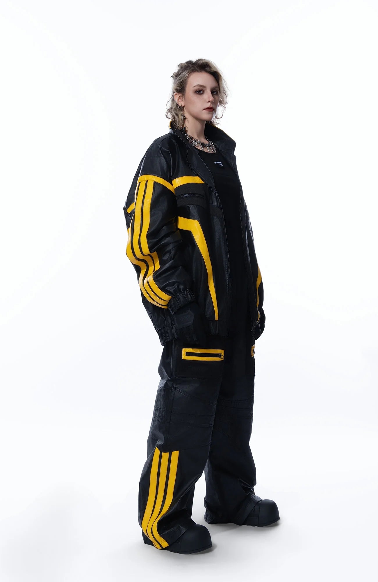 MOGONGSHE Contrast Stripe PU Moto Jacket
