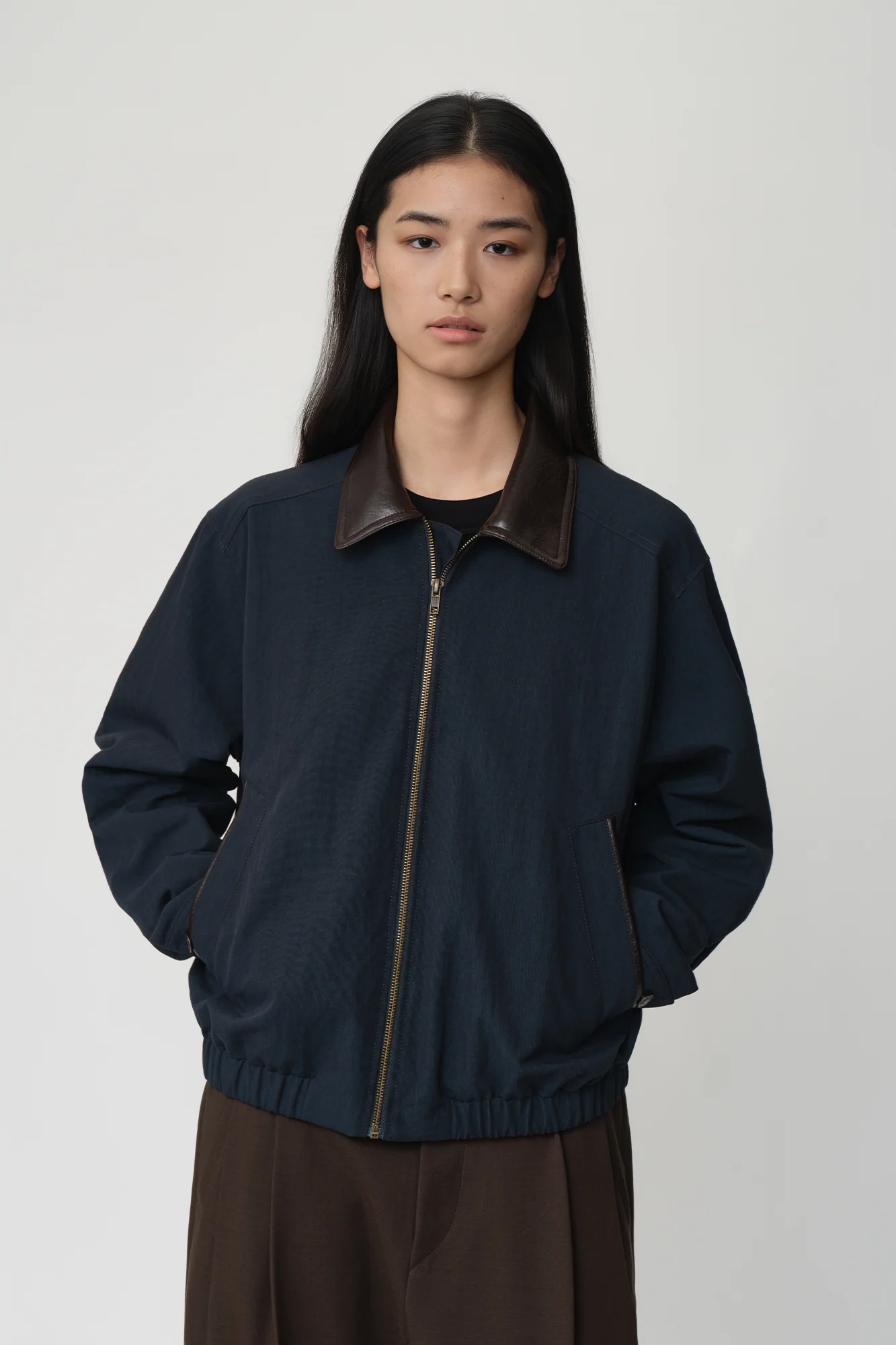 OPICLOTH Retro Contrast Leather Collar Jacket