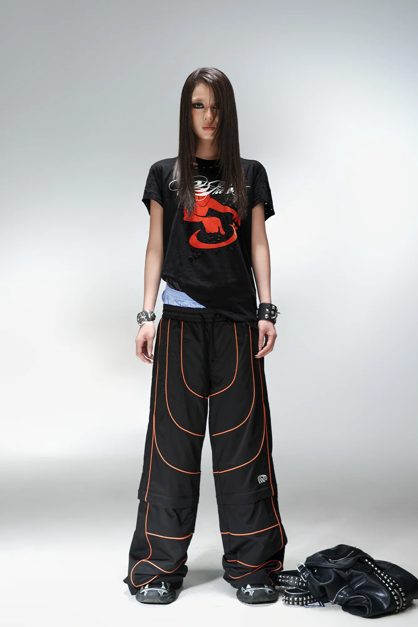 PCCVISION Contrast-Stitch Detachable Paneled Wide-Leg Pants