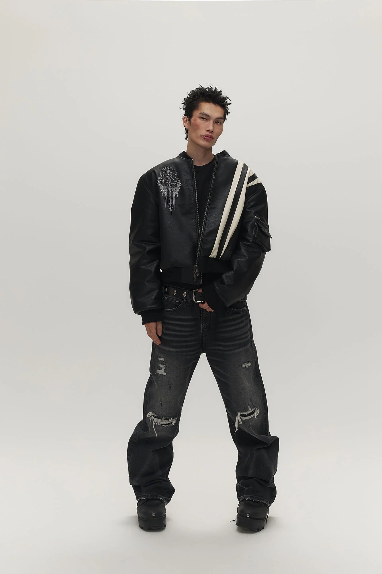 SAVAGEGROWTHWORLD Striped Faux Leather Padded Bomber Jacket