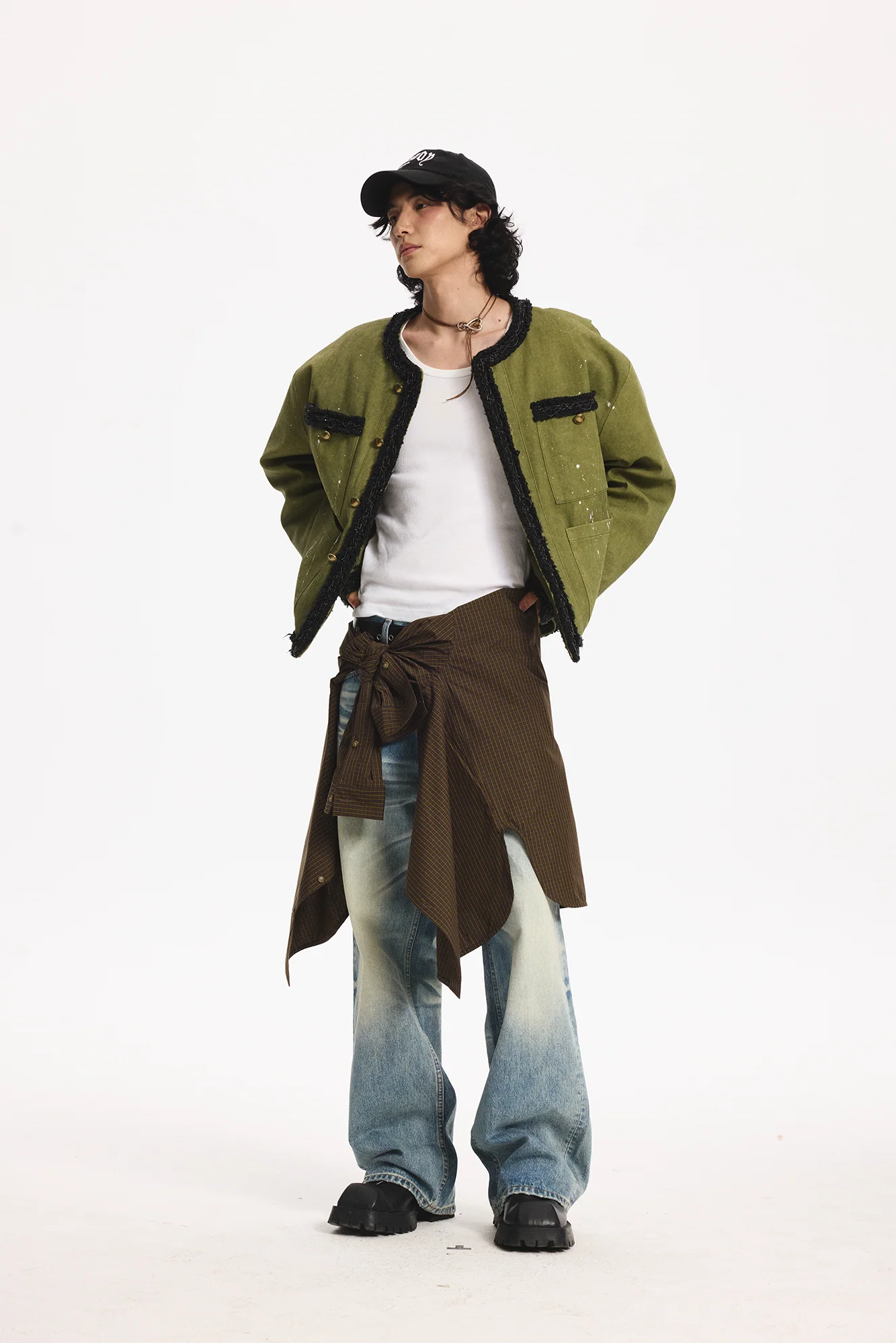 LEONSENSE Paneled Fleece Trim Paint-Splattered Jacket