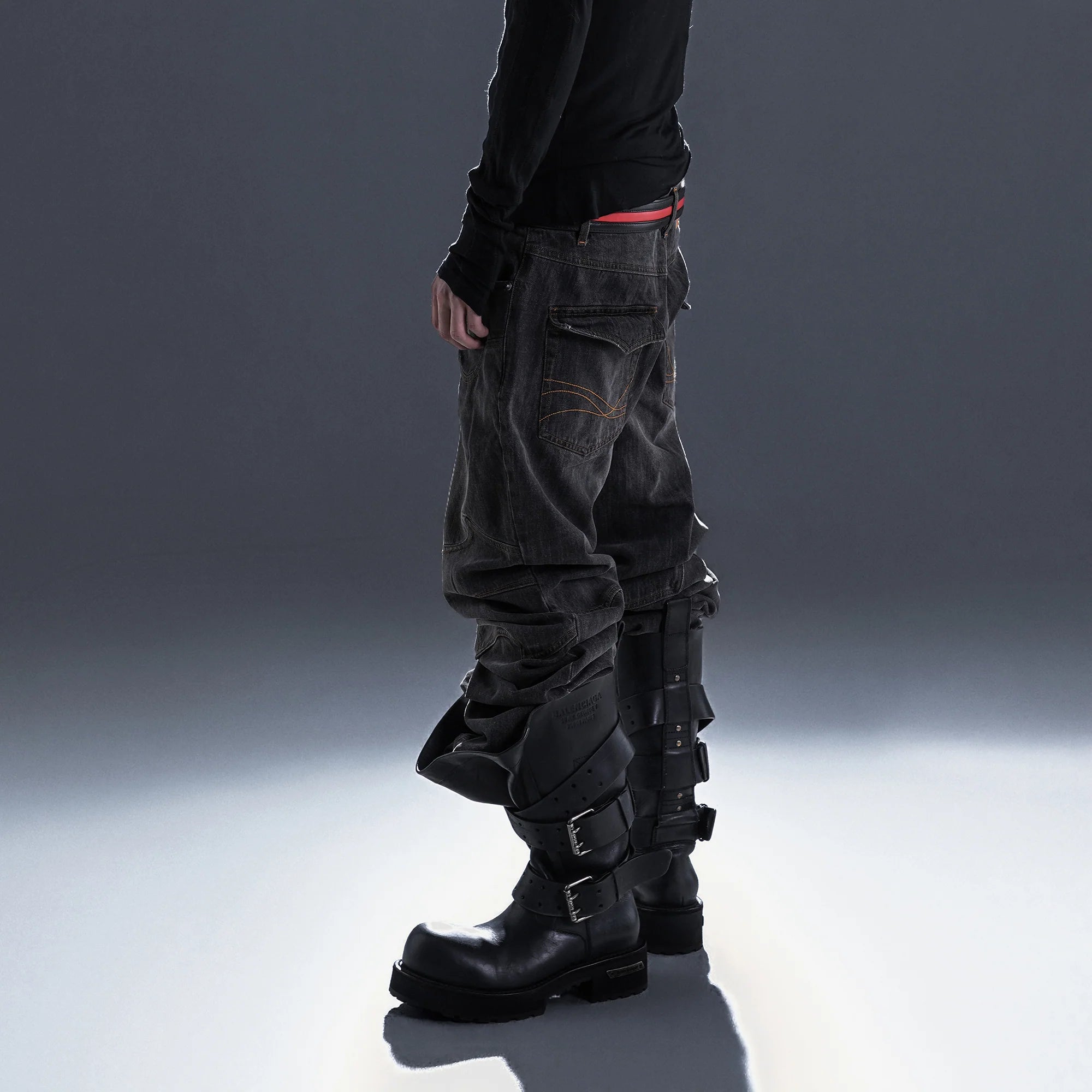 PCCVISION Washed Paneled Straight-Leg Denim