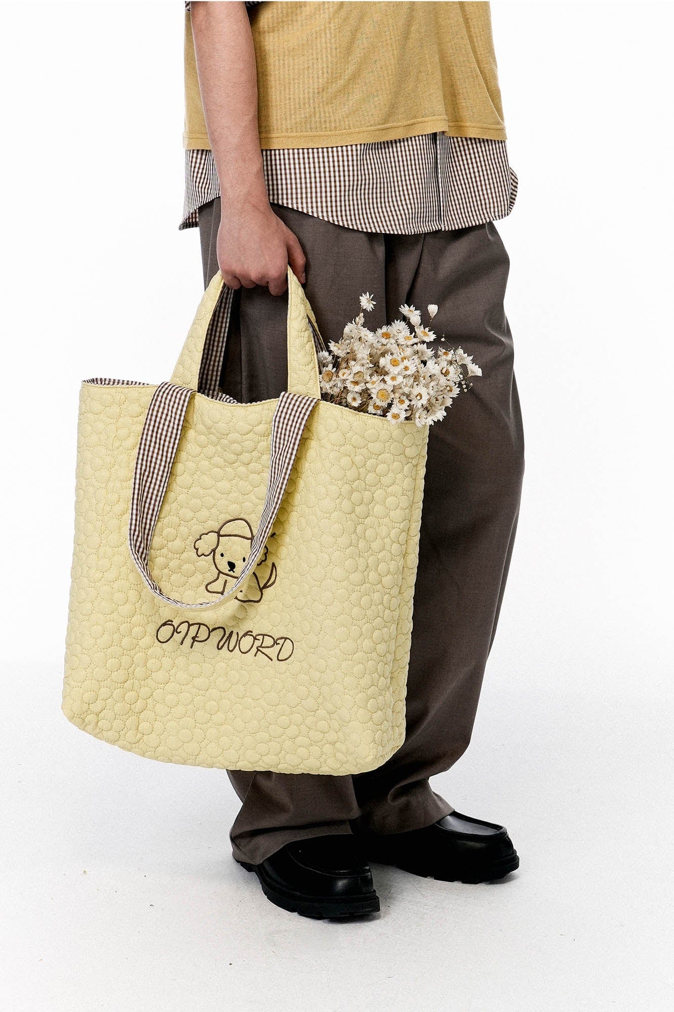 OIPWORD Reversible Quilted & Check Tote Bag