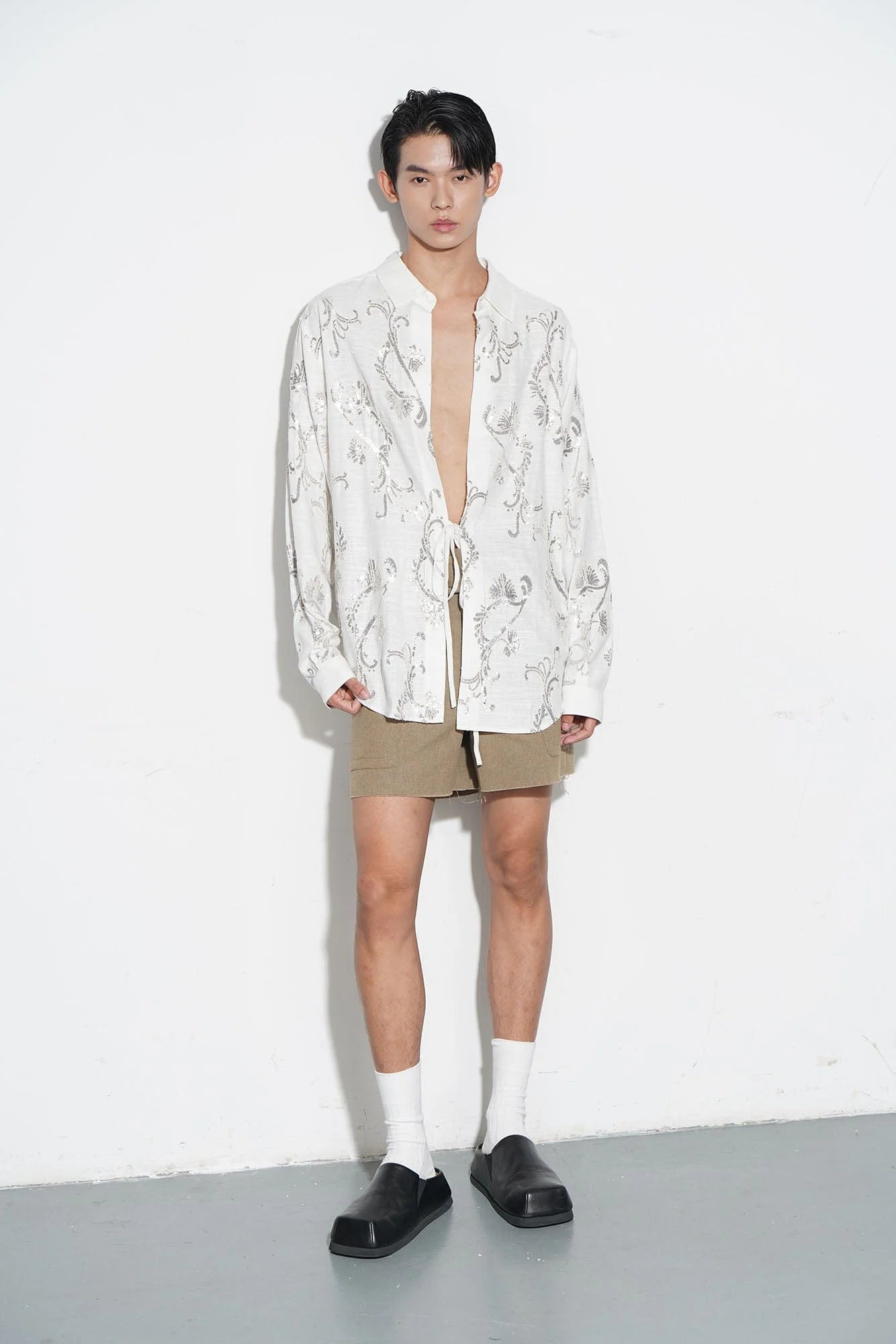 ORAL UTOPIA Ornate Sequin Embroidered Linen-Blended Tie Shirt
