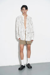 ORAL UTOPIA Ornate Sequin Embroidered Linen-Blended Tie Shirt