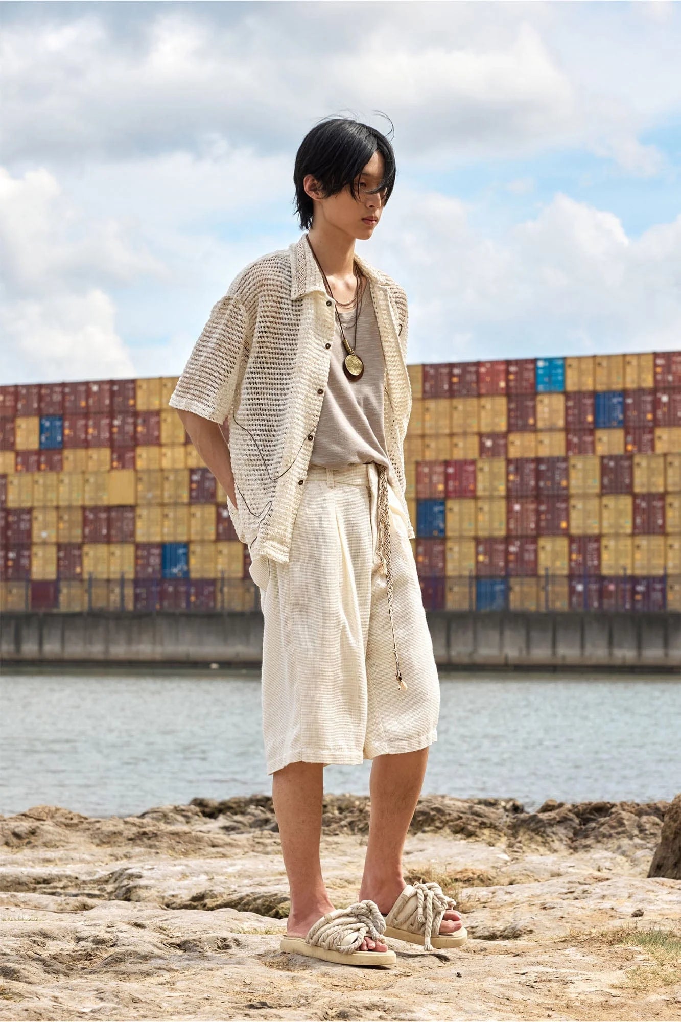 ALVNG AR ANTS Textured Mesh Pleated Braided Tassel Belt Shorts