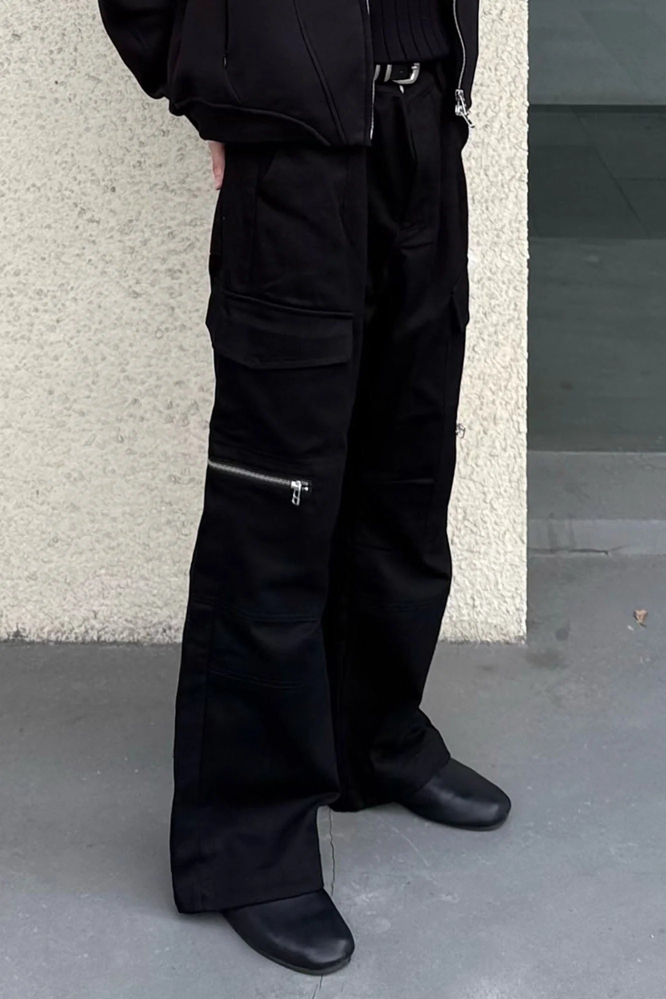 OKAYTHXBYE Muted Marble Multi-Pocket Panel Flared Cargo Pants