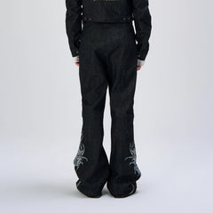 FLYERRER Abstract Graphic Flared Raw Jeans