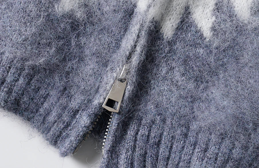 LUUUCAM Faux Mink Jacquard Dual-Zip Hooded Cardigan