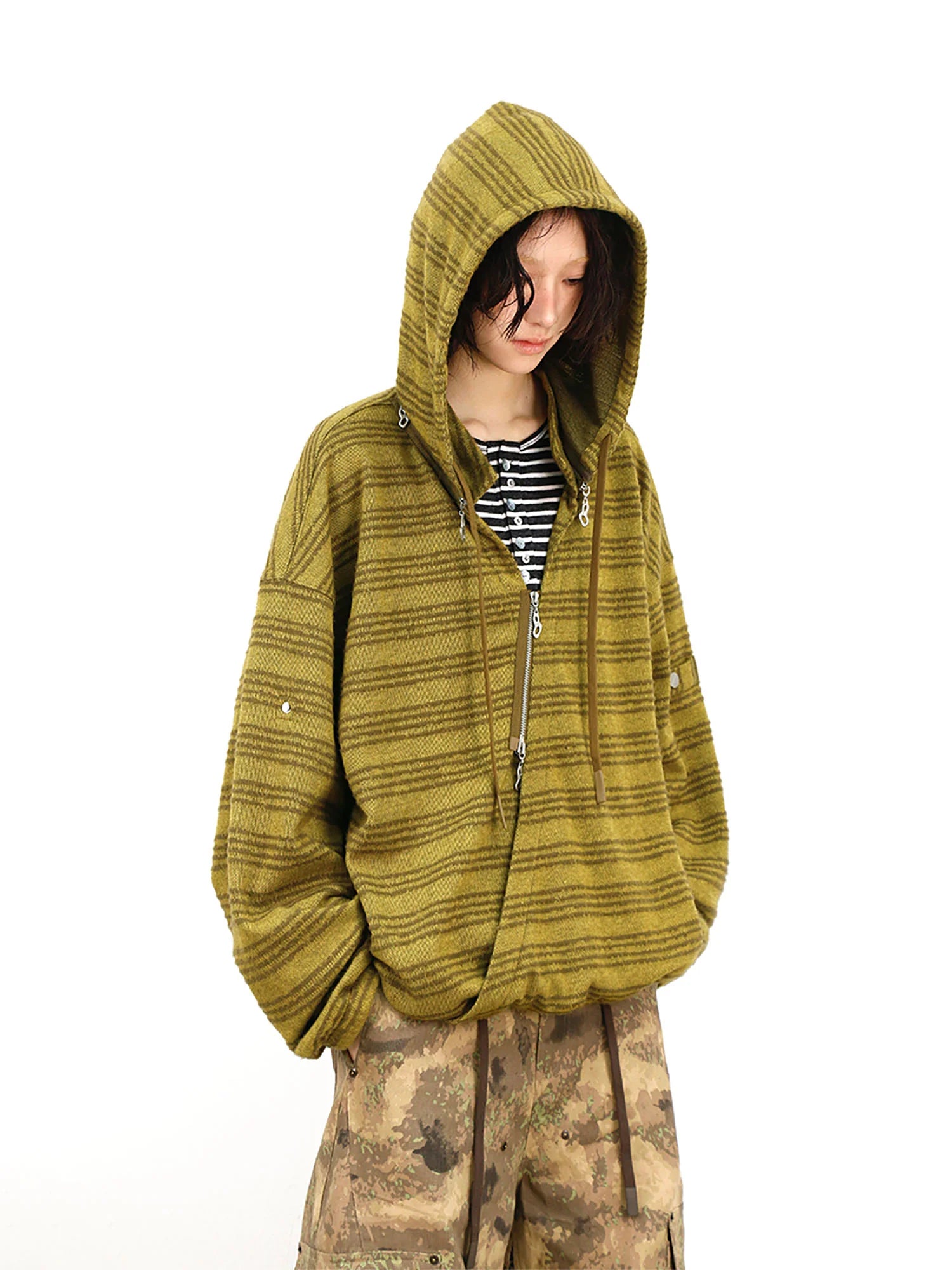 RELABEL Striped Asym Half-Zip Knit Hoodie