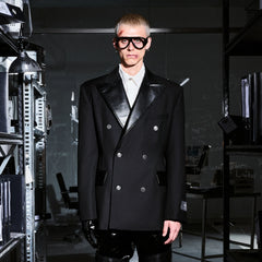 455EMBLE Paneled PU Lapel Waist-Cinched Blazer