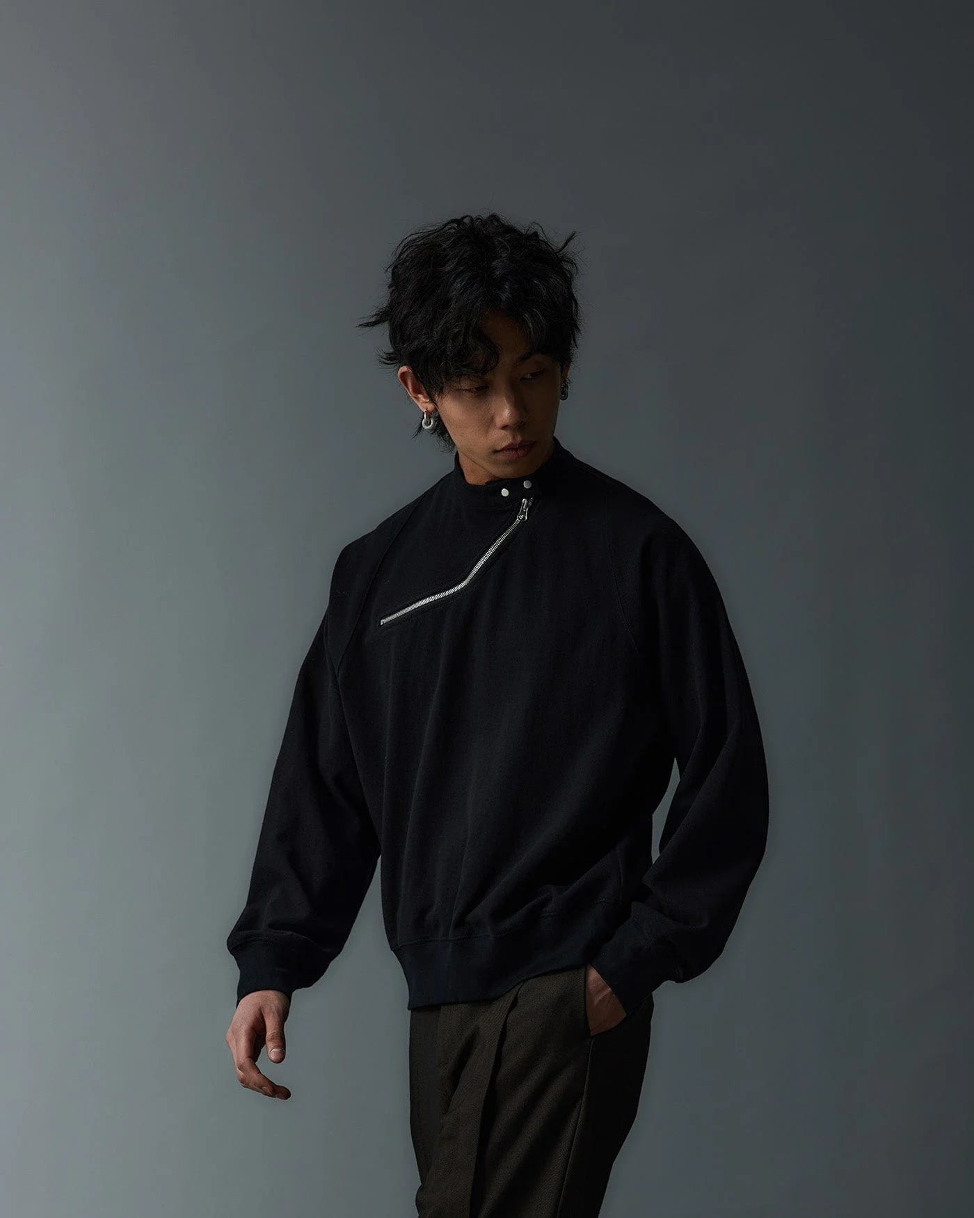 WHISTLEHUNTER Asymmetrical Zipper Rivet Mock Neck Light Sweatshirt