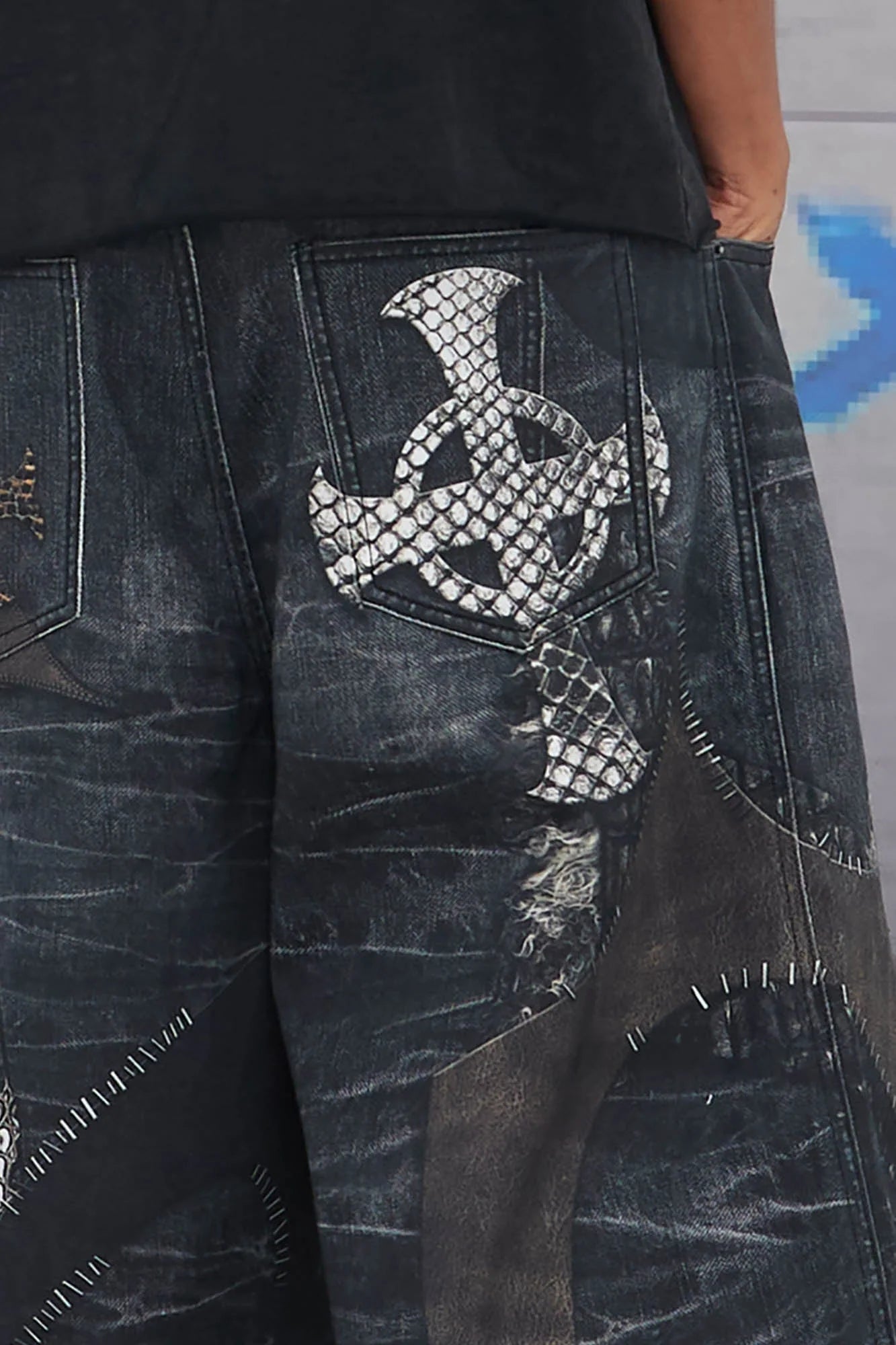 DND4DES Croc Cross Panel Washed Bermuda Denim Shorts