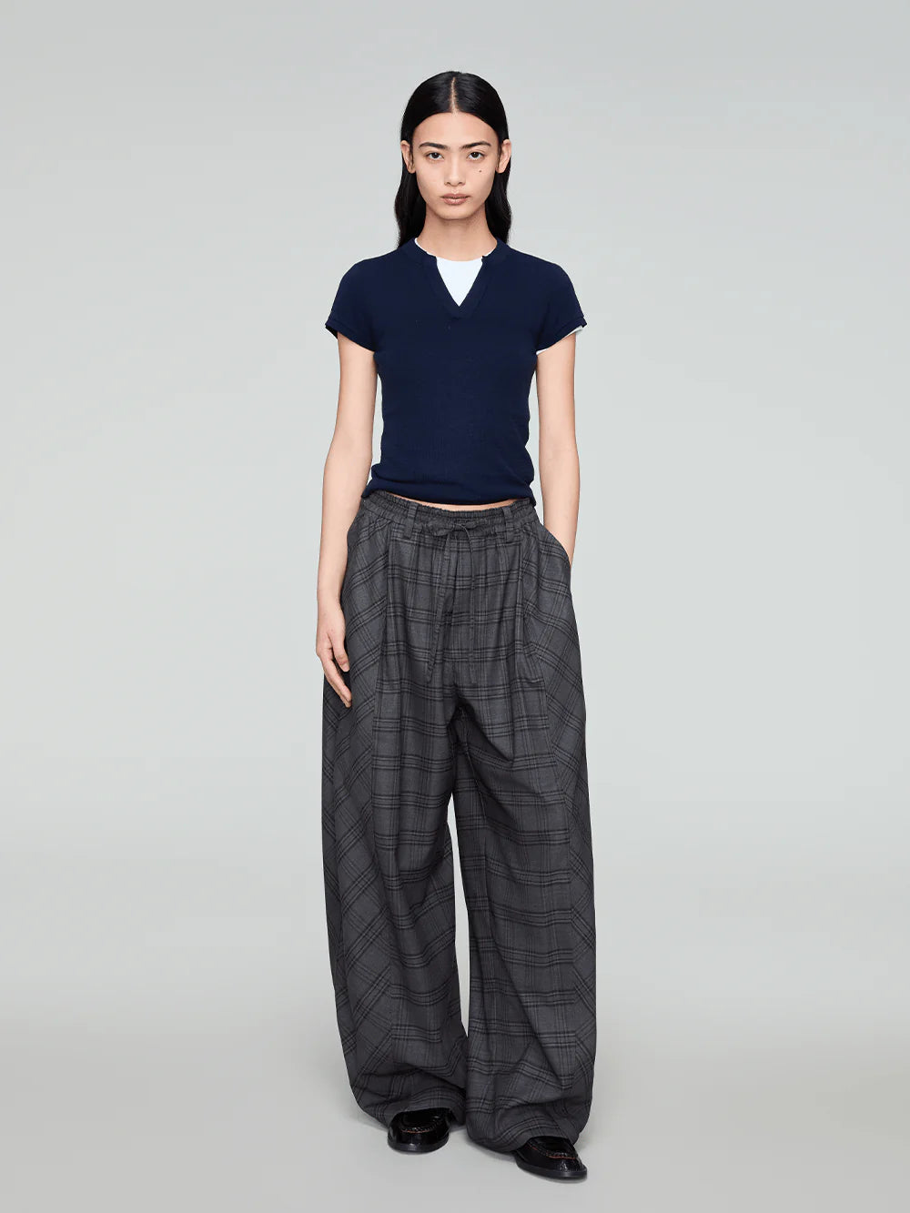OPICLOTH Retro Paneled Plaid Drawstring Oversized Pants