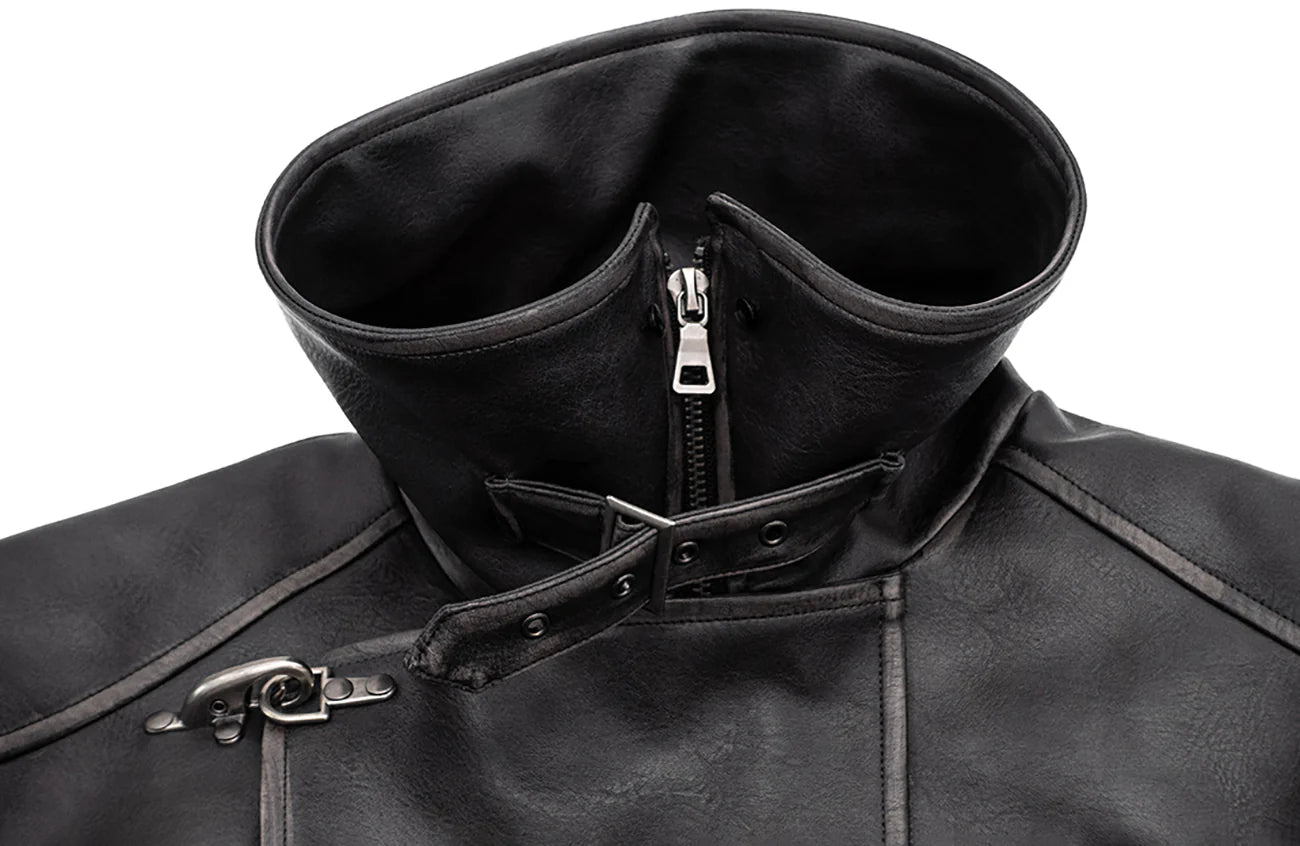 IN EXISTENCE Asymmetric Placket Washed Moto Jacket
