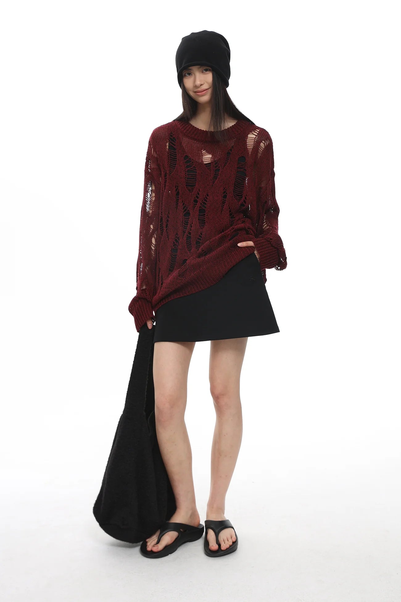 ROARINGWILD A ARCH Distressed Hollowed-Knit Sweater