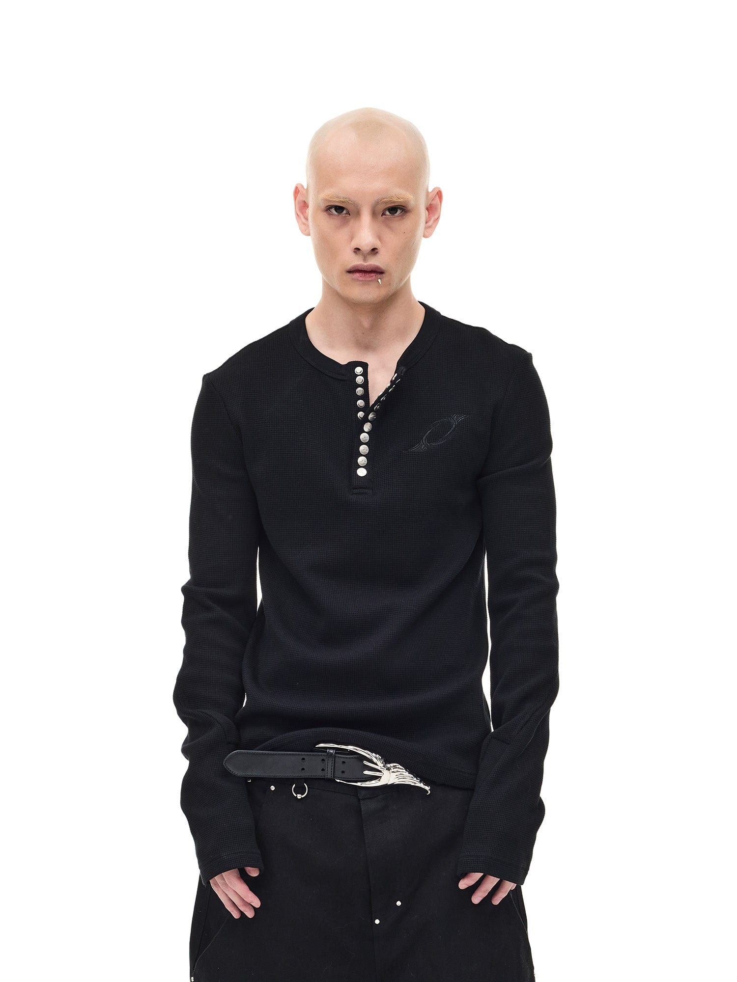 WHISTLEHUNTER Waffle-Knit Snap Henley Long-Sleeve Tee