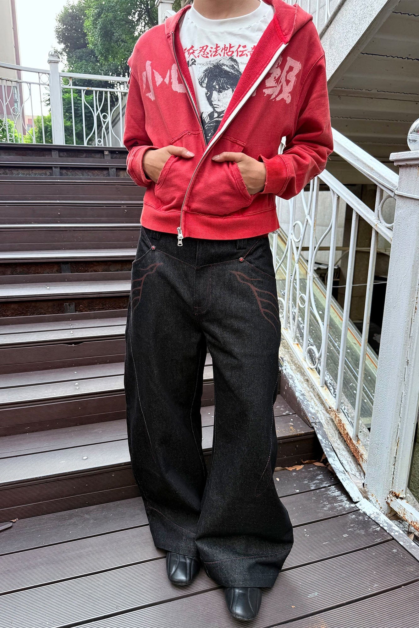 ESAIAS Vermilion Stitch Red Turquoise Curved Denim Pants