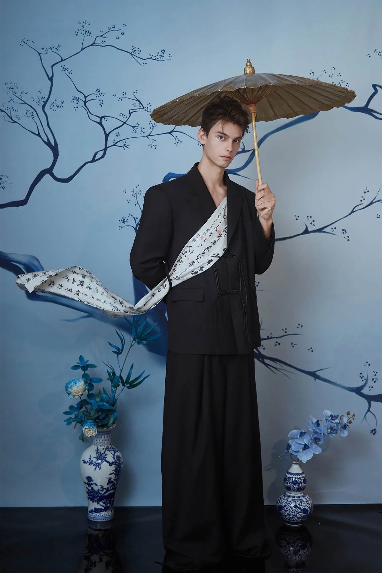 JIECHI Calligraphy Sash Mandarin-Button Blazer