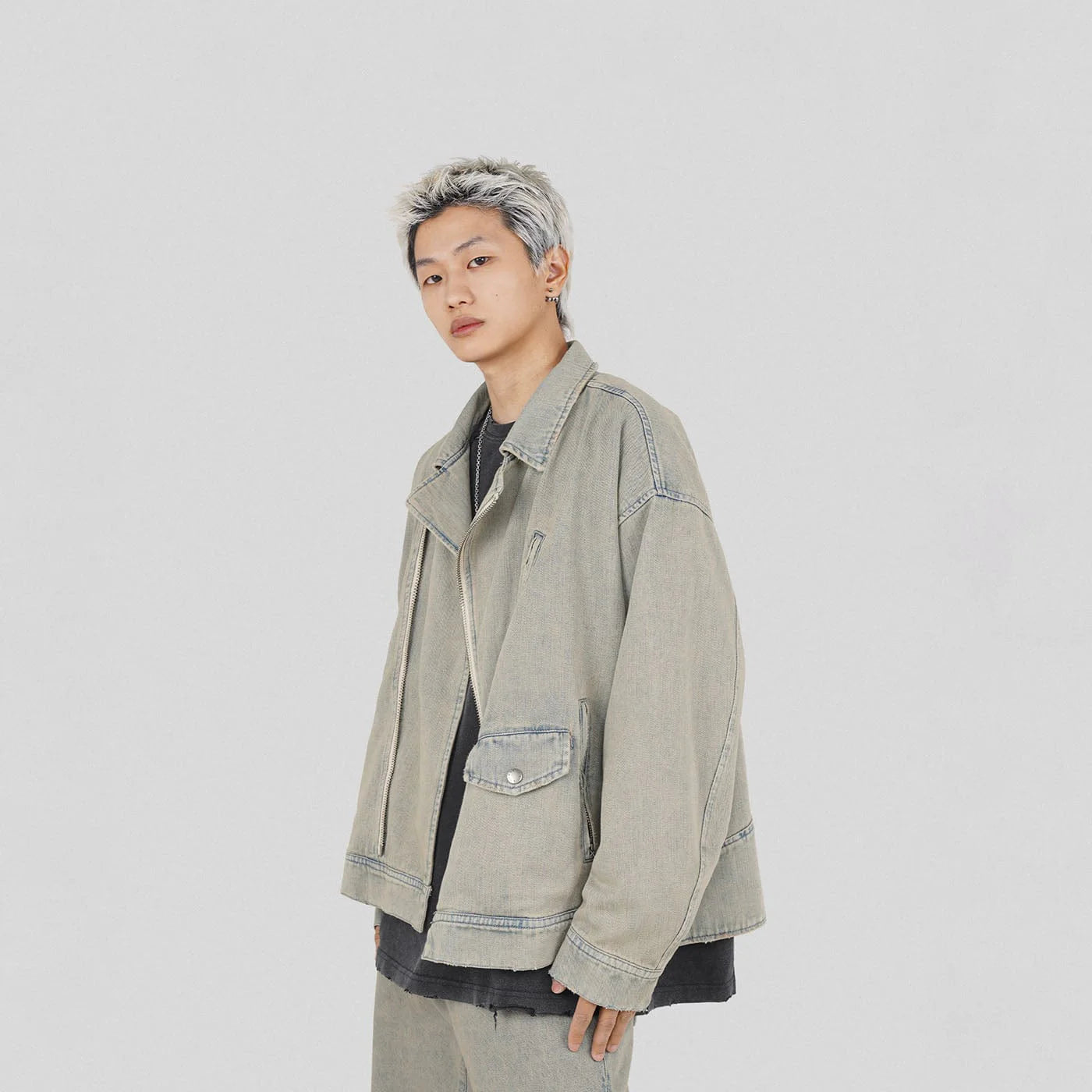 UNDERWATER Acid Wash Zipper Biker Jacket