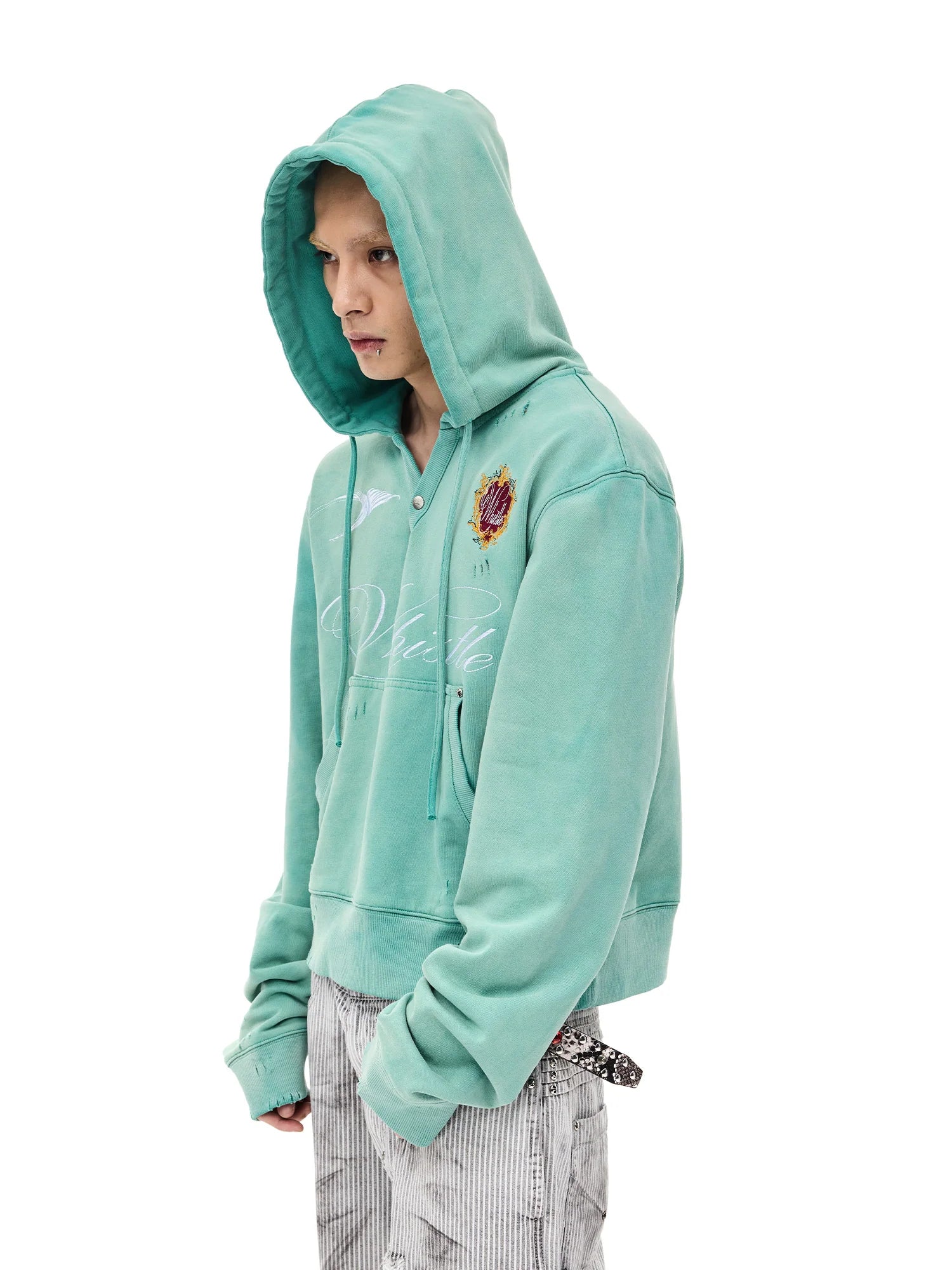 WHISTLEHUNTER Distressed Embroidered V-Neck Hoodie