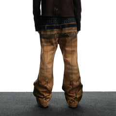 DND4DES Distressed Print Double-Waist Flare Jeans Khaki