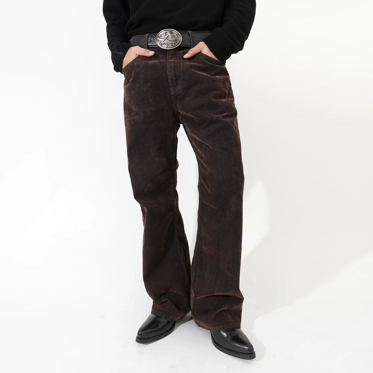 IN EXISTENCE Star Embroidered Herringbone Flocked Flare Jeans