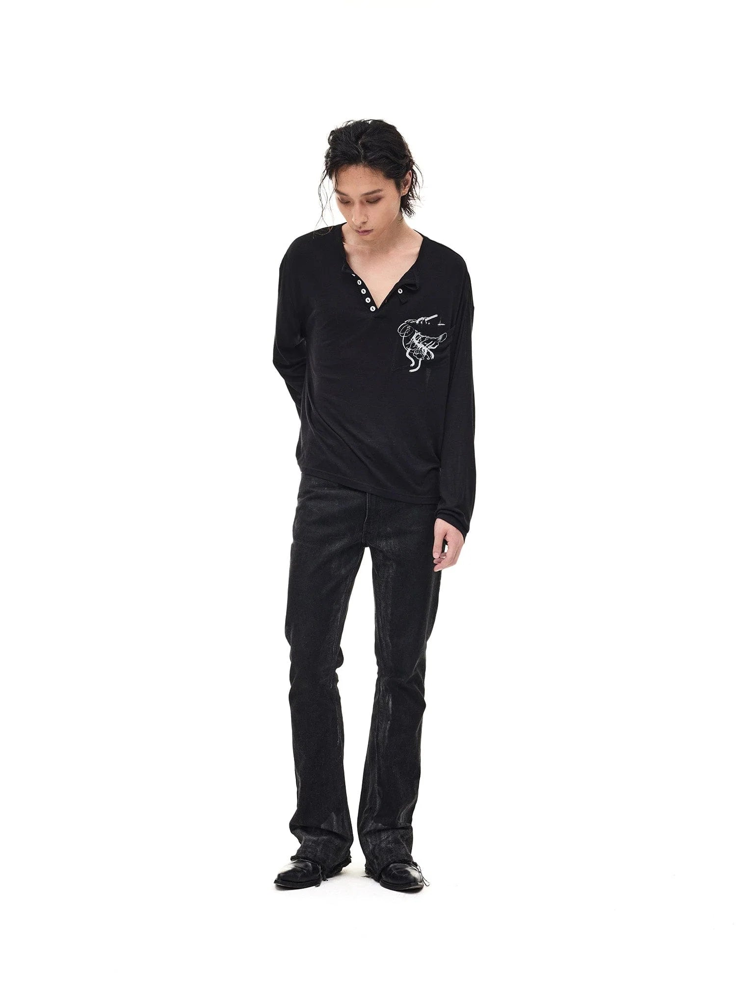 WHISTLEHUNTER Merino-Tencel Henley Graphic Long-Sleeve Tee